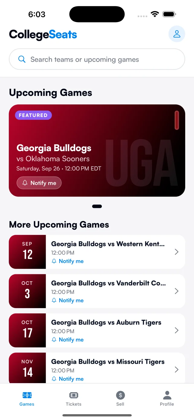The CollegeSeats app's games screen